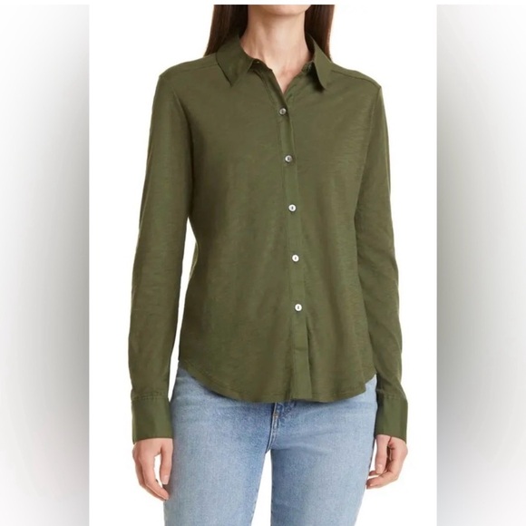 Theory Tops - Theory Women's Riduro Cotton Slub Long Sleeve Button-Up Shirt Green Small